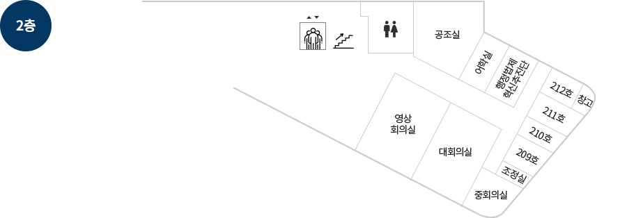 2층: 공조실, 어학실, 행정법제혁신추진단, 212호, 창고, 211호, 210호, 209호, 조정실, 중회의실, 대회의실, 영상회의실